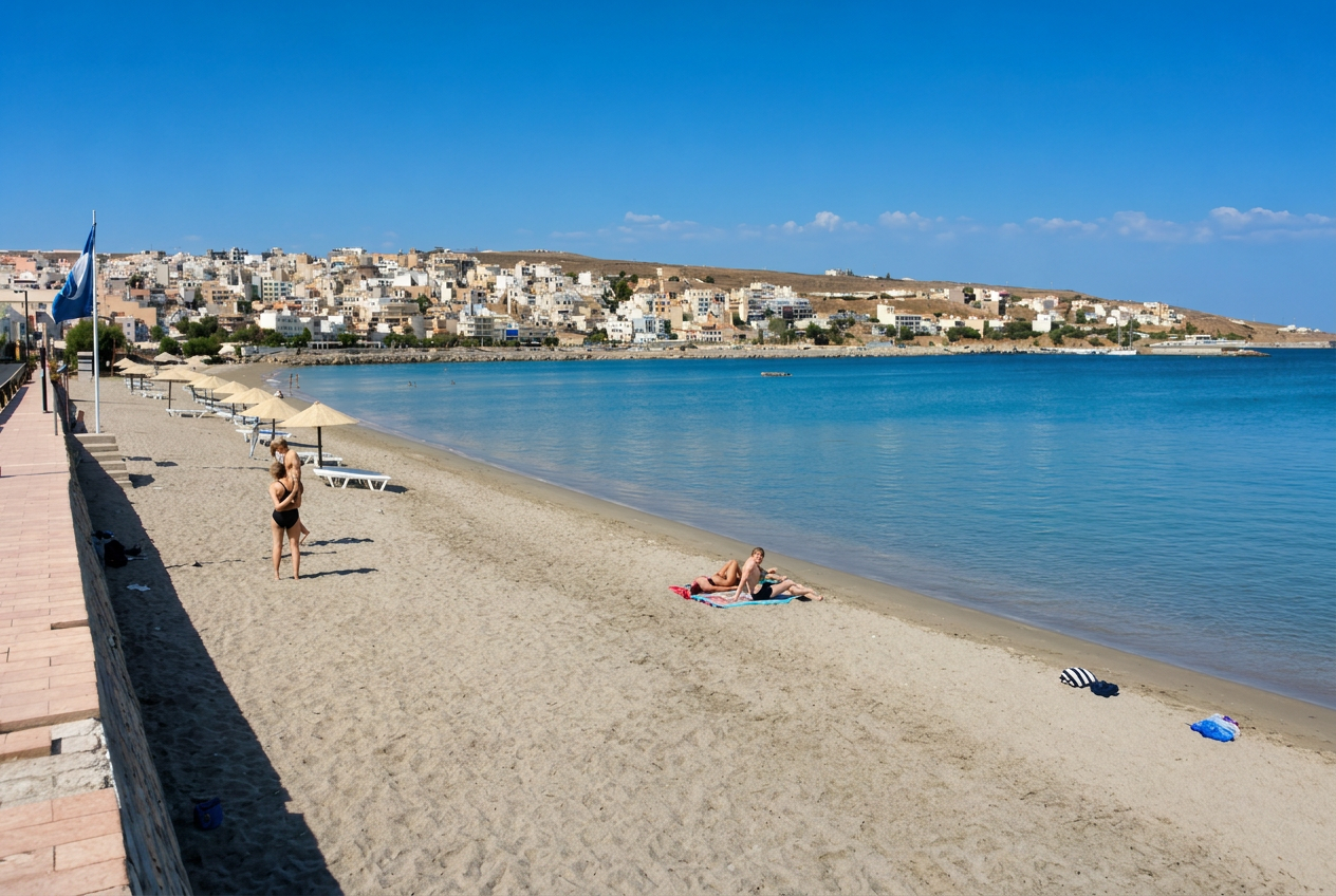 Sitia beach with sunbeds and umbrellas near Sitia Water Sports